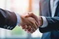 Shaking hands after agreement. Businessmen wearing suits agreeing a deal shake hands. Generative AI