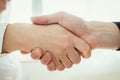 Shaking hands, concept for teamwork: Close up of man and woman shaking hands in the office Royalty Free Stock Photo