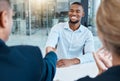 Shaking hands, interview and business people give a handshake after hiring a new company employee. Onboarding, thank you