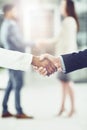 Shaking hands, meeting and business people in office with deal, collaboration or b2b agreement. Hiring, partnership and Royalty Free Stock Photo