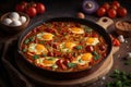 Shakshouka, dish of eggs poached in a sauce of tomatoes. AI generation Royalty Free Stock Photo