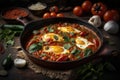 Shakshouka, dish of eggs poached in a sauce of tomatoes. AI generation Royalty Free Stock Photo