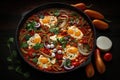 Shakshouka, dish of eggs poached in a sauce of tomatoes. AI generation Royalty Free Stock Photo