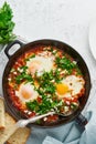 Shakshouka, eggs poached in sauce of tomatoes, olive oil. Mediterranean cousine Royalty Free Stock Photo