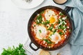 Shakshouka, eggs poached in sauce of tomatoes, olive oil. Mediterranean cousine Royalty Free Stock Photo