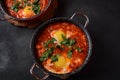 Shakshouka, eggs poached in sauce of tomatoes, olive oil, peppers, onion and garlic Royalty Free Stock Photo