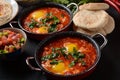 Shakshouka, eggs poached in sauce of tomatoes, olive oil, peppers, onion and garlic Royalty Free Stock Photo