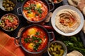 Shakshouka, eggs poached in sauce of tomatoes, olive oil, peppers, onion and garlic Royalty Free Stock Photo