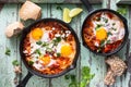 Shakshouka, Fried Eggs in Tomato sauce Royalty Free Stock Photo