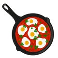 Shakshouka shakshuka served in a frying pan, top view. Royalty Free Stock Photo