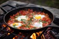 shakshuka being cooked on an outdoor campfire grill