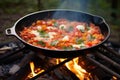 shakshuka being cooked on an outdoor campfire grill