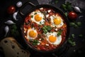 Shakshuka Breakfast, Healthy Vegetable Shakshouka with Eggs, Israel Shakshuka, Abstract Generative AI Illustration