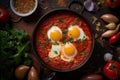 Shakshuka Breakfast, Healthy Vegetable Shakshouka with Eggs, Israel Shakshuka, Abstract Generative AI Illustration