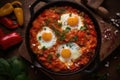 Shakshuka Breakfast, Healthy Vegetable Shakshouka with Eggs, Israel Shakshuka, Abstract Generative AI Illustration Royalty Free Stock Photo