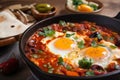 Shakshuka cooked in a traditional clay tagine with poached eggs, spicy harissa, and a side of olives