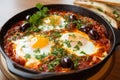 Shakshuka cooked in a traditional clay tagine with poached eggs, spicy harissa, and a side of olives