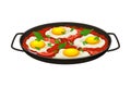 Shakshuka Dish of Poached Eggs in Tomato Sauce Served in Cast Iron Pan Vector Illustration