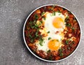 Shakshuka - eggs poached in spicy tomato pepper sauce on a round plate on a dark background Royalty Free Stock Photo