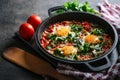 Shakshuka with eggs, tomato, and parsley