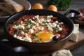 Shakshuka in a Rustic Clay Pot with Crumbled Feta Cheese and Olives on Top