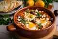 Shakshuka in a Rustic Clay Pot with Crumbled Feta Cheese and Olives on Top