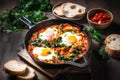 Shakshuka with Spinach and Harissa in a frying pan on wooden background. Traditional cuisine of Israel, Arab countries