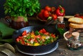 Shakshuka is a traditional breakfast of Israeli cuisine. Eggs fr Royalty Free Stock Photo