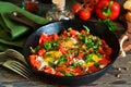 Shakshuka is a traditional breakfast of Israeli cuisine. Eggs fr Royalty Free Stock Photo