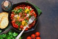 Shakshuka is a traditional breakfast of Israeli cuisine. Eggs fr Royalty Free Stock Photo