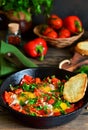 Shakshuka is a traditional breakfast of Israeli cuisine. Eggs fr Royalty Free Stock Photo