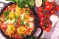 Shakshuka. Traditional Israeli cuisine. Fried eggs with vegetables Royalty Free Stock Photo