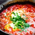 Shakshuka. Traditional jewish food and middle eastern cuisine recipe. Fried eggs, tomatoes, bell pepper and parsley in a Royalty Free Stock Photo