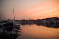 There are many yachts, boats and ships at sea. Marina at sunset. Vosice Croatia Gorgeous summer sunset by the ocean. Royalty Free Stock Photo