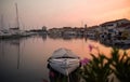 There are many yachts, boats and ships at sea. Marina at sunset. Vosice Croatia Gorgeous summer sunset by the ocean. Royalty Free Stock Photo