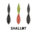 Shallot, silhouette icons set with lettering. Imitation of stamp, print with scuffs. Simple black shape and color vector