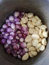 Shallots and garlic that have not been processed after peeling the skin Royalty Free Stock Photo