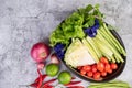 Shallots, peppers, lemons, tomatoes, cucumbers, long beans, cabbage, lettuce and mint in a bowl on the cement floor Royalty Free Stock Photo