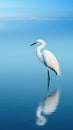 Shallow azure water reflecting a standing heron white. natural background