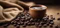 Shallow depth of field coffee background. Espresso and coffee beans on a wooden table.