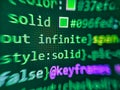 Shallow Depth of Field effect. Close up of computer web page code inside of html file. Computing, cyberspace , future and