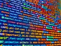 Shallow Depth of Field effect. Programing. Php Code on computer screen. Programming code screen of software developer. Black Royalty Free Stock Photo