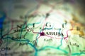 Shallow depth of field focus on geographical map location of Abuja city in Nigeria Africa continent on atlas Royalty Free Stock Photo