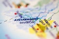 Shallow depth of field focus on geographical map location of Ayeyarwaddy Division Myanmar Asia continent on atlas Royalty Free Stock Photo