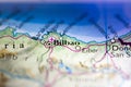 Shallow depth of field focus on geographical map location of Bilboa city Spain Mediterranean Europe continent on atlas Royalty Free Stock Photo