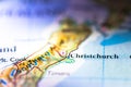 Shallow depth of field focus on geographical map location of Christchurch city in New Zealand Oceania Australasia continent on atl Royalty Free Stock Photo