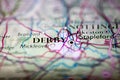 Shallow depth of field focus on geographical map location of Derby city England United Kingdom Great Britain Europe continent on a