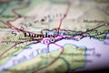 Shallow depth of field focus on geographical map location of Dundee city Scotland United Kingdom Great Britain Europe continent on