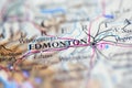 Shallow depth of field focus on geographical map location of Edmonton city Canada America continent on atlas