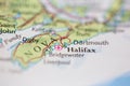 Shallow depth of field focus on geographical map location of Halifax Canada America continent on atlas Royalty Free Stock Photo